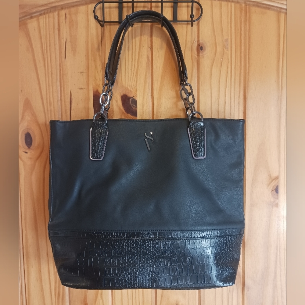 Simply Vera, Vegan Leather Stylish Black Tote with Croc-Accent Handles